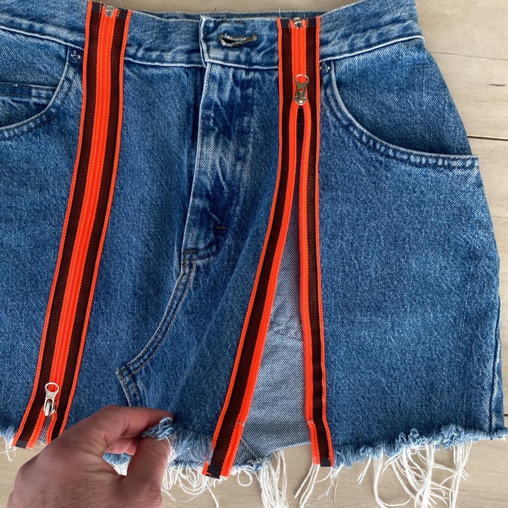 Vintage Lee Denim Skirt Cutoff Reworked Double Front Orange Zippers - Picture 8 of 9